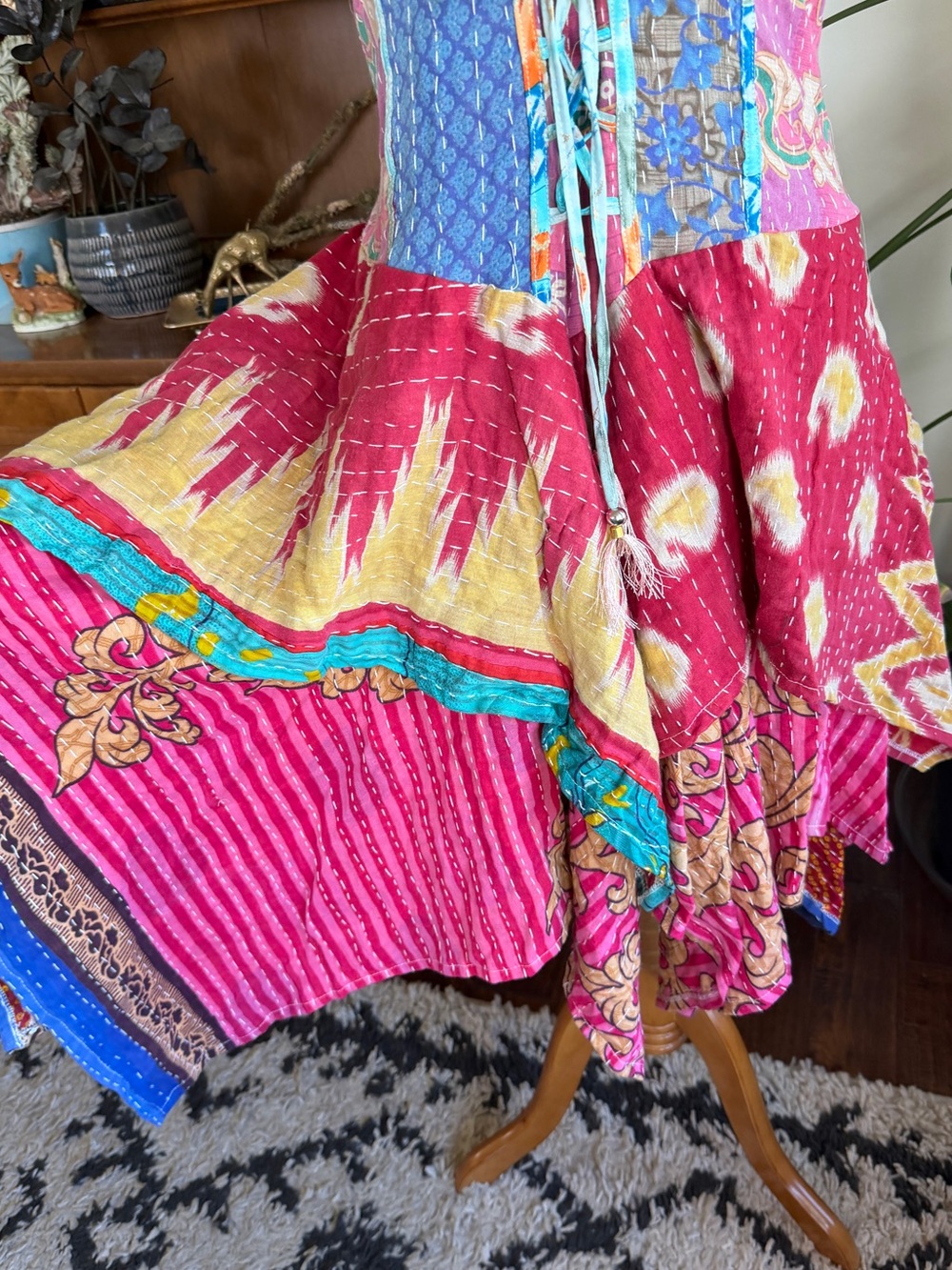 Wevez Kantha Bohemian Patchwork Pixie Skirt Corset Sundress Pink Multi OS - Picture 4 of 14